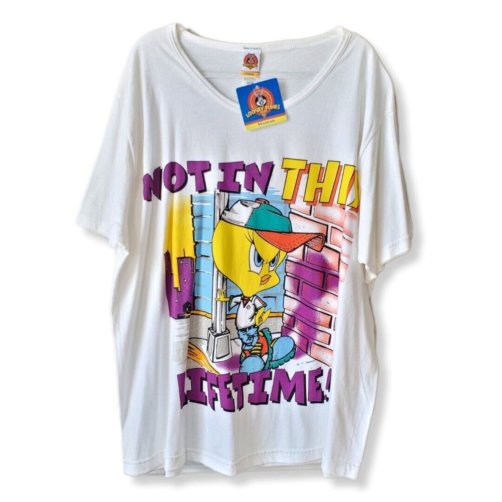 VTG 90s FREEZE Tweety Bird Looney Toons White Tee Shirt 2X Retro Cartoon NEW